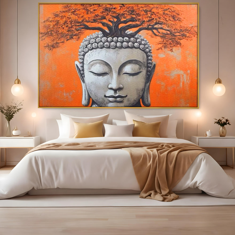 Tablou canvas cu tablou canvas cu capul lui buddha si copac, in rama de aluminiu auriu, pe perete intr-un dormitor